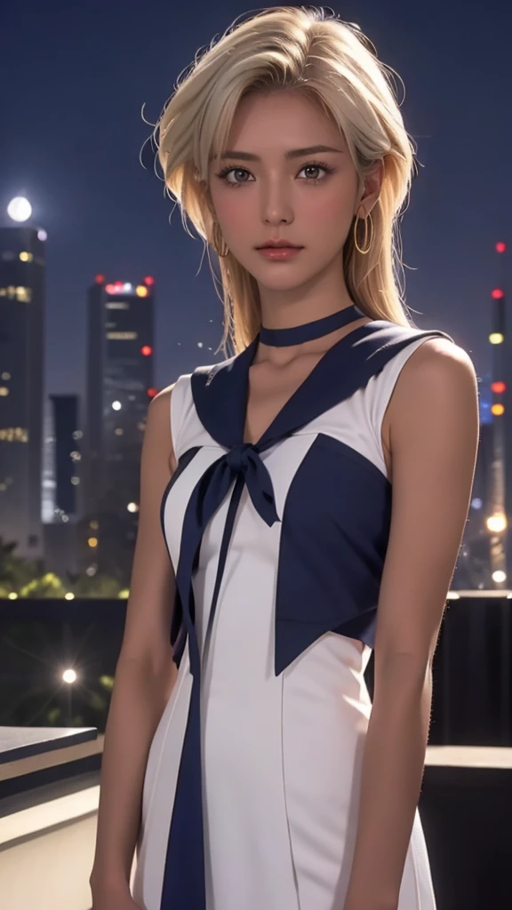 Sailor Uranus、Uranus、セーラーUranus、woman、Age 30、Beautiful Face、Fighting Warrior、Gal、Perfect Style、Blonde hair parted in the middle、 Sharp Eye、sexy、Leg length、Large Breasts、The moon is visible in the background.、The background is the rooftop of a skyscraper at...