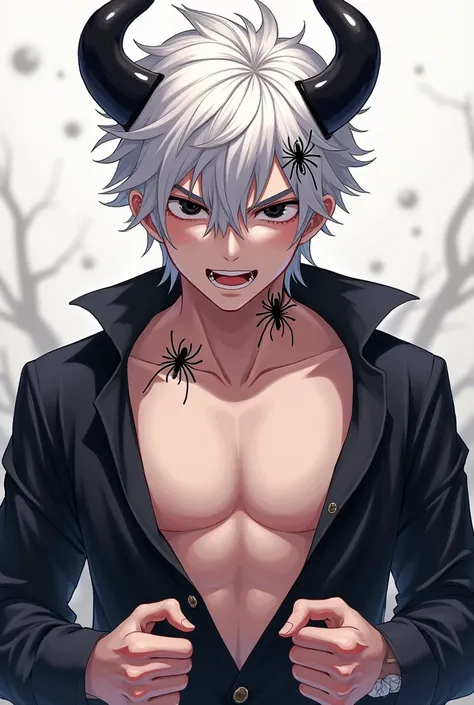 Jogo gacha life , Anime style male character , with white hair , black eyes , with black spider webs in her hair , shirtless , flirting with the camera with an angry face , taking off the shirt with black horns , 