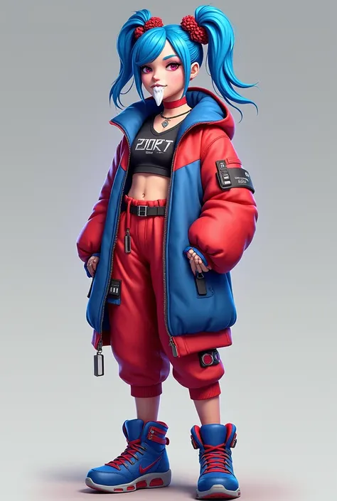 A female free fire character with blue and red hair and a red and blue outfit and blue and red sneakers with a white beard 