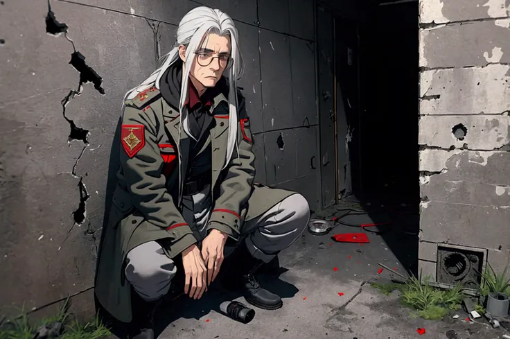 a man with disheveled white long hair , red round glasses , with a gray cloak , with grey soviet military pants , in black boots , in a black quilted jacket , sits by a shabby green wall , there are bullet holes in the wall , concrete wall , one person , t...