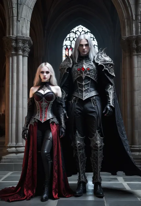 a powerful male-female duo standing in a shadowy cathedral setting. The male figure, with a skeletal face hidden beneath a cloak, wears shining red stone-encrusted armor and exudes an intimidating presence. Standing beside him, the female figure boasts pal...