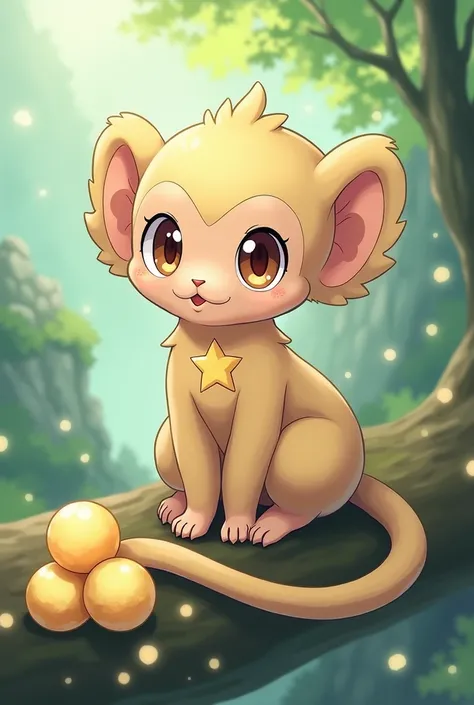 Create a normal fairy type Pokémon based on a mountain monkey and it would be a shy but very nice Pokémon and on its chest it would have a symbol of a star or heart depending on the gender and its tail would have 3 golden balls.  