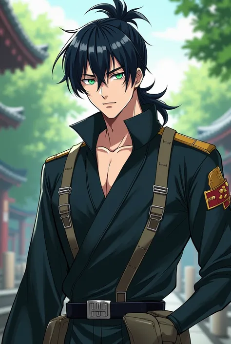 Create an anime style drawing image of a very tall and athletic man, He is handsome with snow-white skin, emerald green eyes, sharp gaze, marked and attractive features., She has jet black hair with bangs styled in a ponytail, He is wearing a traditional J...