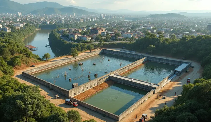 realistic image of a city with difficulties with water supply in Brazil, with a reservoir system to capture rainwater, interconnected to machines for treatment, water filtration and purification, using solar energy for its operation, with trucks around to ...