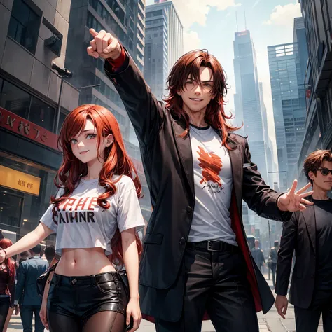 2 character, friends,a man with wavy brown hair ,very short hair and a girl with long red hair, The man is wearing black detective clothes, giving a slight excited smile and punching the wind. ,the girl is wearing a shirt that hits her thighs hacker style,...