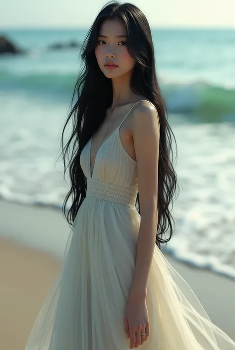 Une belle fille aux cheveux longs lisse noir, portant une robe sirene, sur la plage