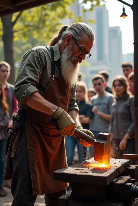 An elder blacksmith with long, tied-back hair and a beard, wearing a brown apron and gloves and hammer, is forging metal on an anvil, producing bright sparks. A group of young people watches attentively in the background, with urban buildings and trees ind...