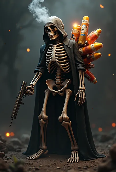 (photorealism:1.2), a scary skeleton, wearing a bundle of free fire, while smoking with a sigrate in the left hand,holding a gun in his right hand