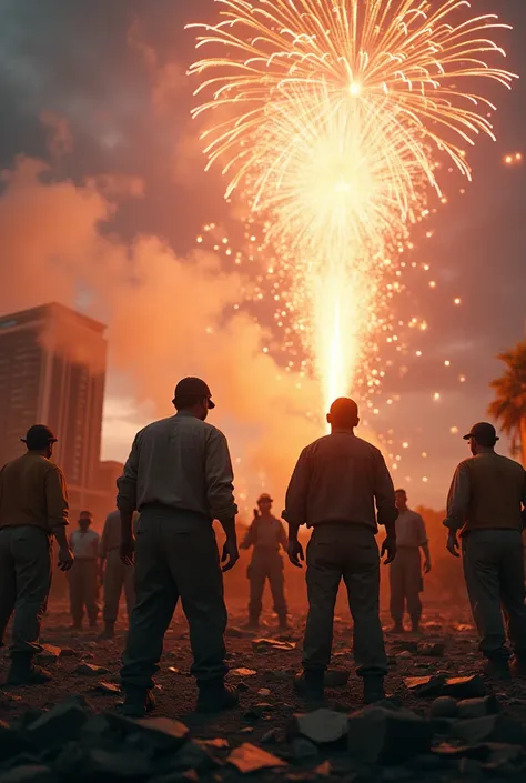 a group of hardworking men building a better world, happy people in the background, colorful fireworks, prosperous scene, intricate details, cinematic lighting, vivid colors, photorealistic, 8k, best quality