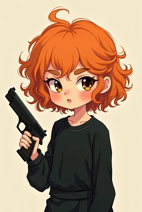 Cute illustration of a girl with curly orange hair dressed in black and a gun in her hand 