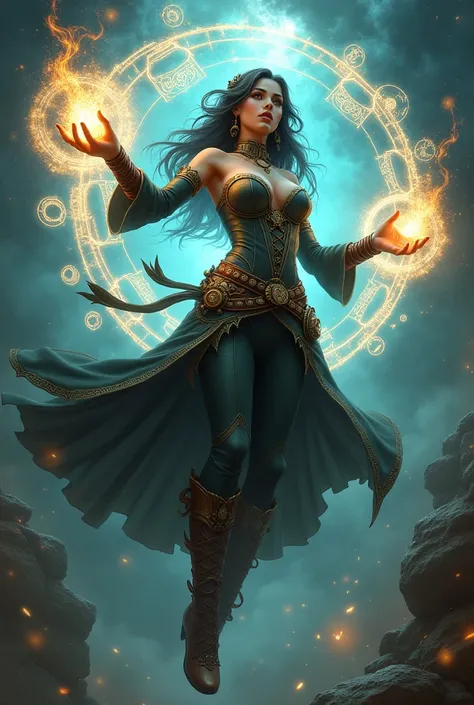 a female mage in a steampunk outfit hovering in mid-air, casting a spell with multiple glowing magic circles surrounding her, intricate gears and steampunk elements intertwined with magical symbols, intense concentration on her face, vibrant energy flowing...