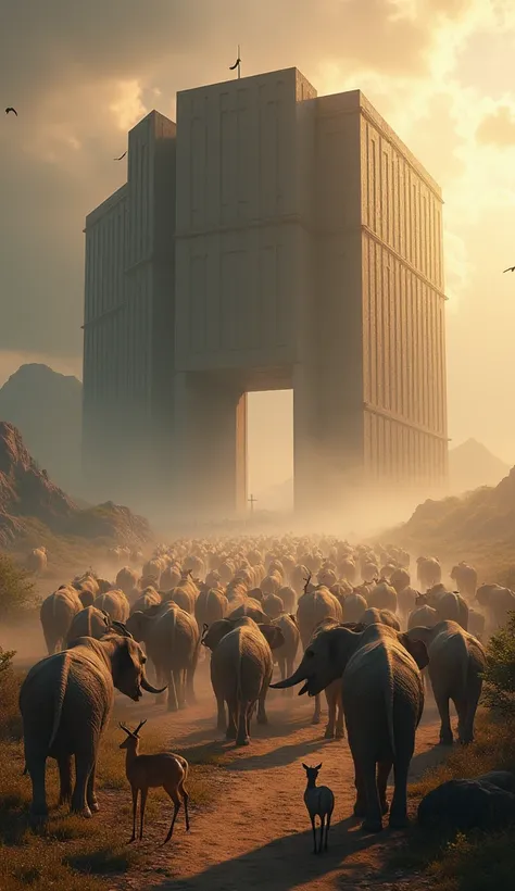 presented in stunning 8k resolution with unmatched quality. Close-up of animals of all species walking peacefully towards the ark, guided by an invisible force. The camera focuses on pairs of animals entering the ark.