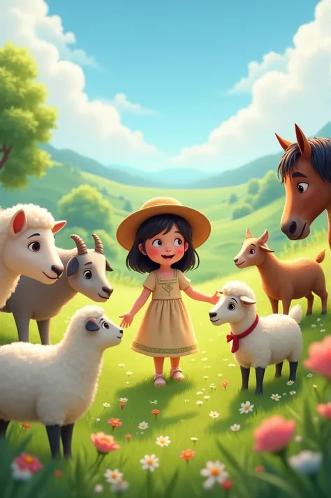 A cute girl capturing some horse goats and sheeps are in big green valley