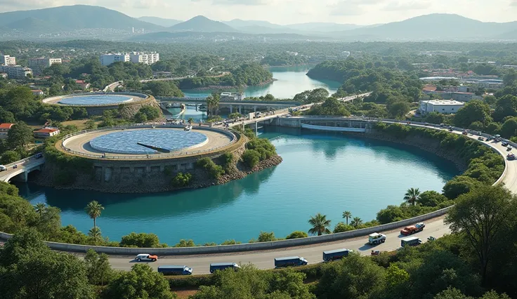 realistic image of a city with difficulties with water supply in Brazil, with a reservoir system to capture rainwater, interconnected to large machines for treatment, water filtration and purification, using solar energy for its operation, with trucks arou...