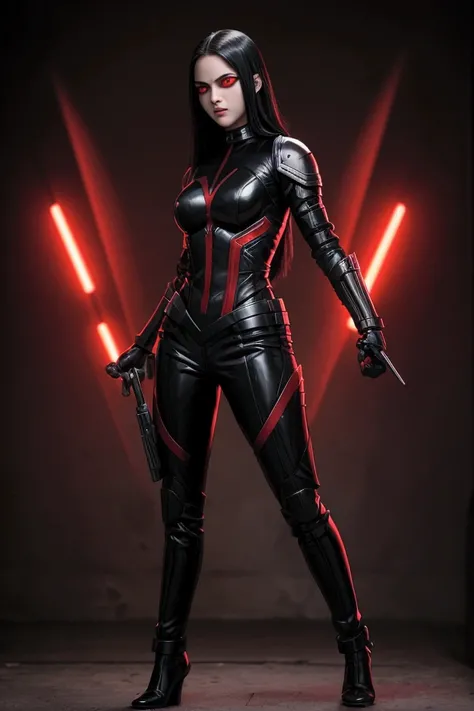 Teen girl(1.6) , super villain , red eyes, detaleid face, x23, black hair, beautiful, sexy, killer,full body, background in sweden
