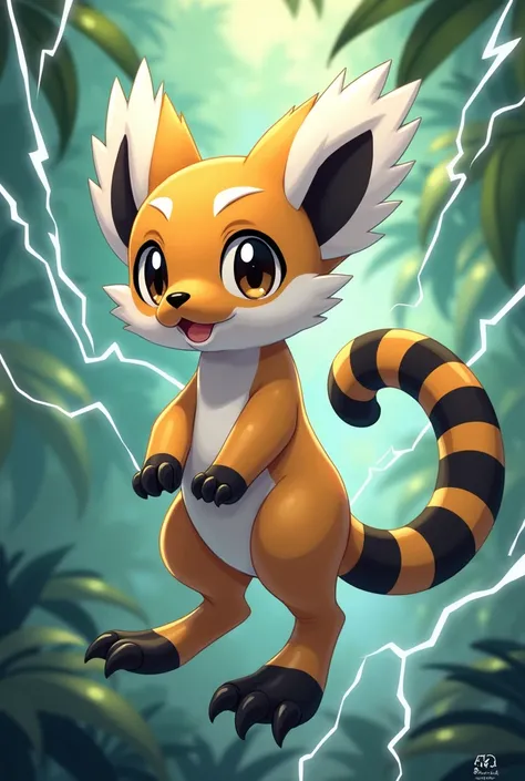 Create an electric fighting type Pokémon based on a ring-tailed lemur. Its first evolution would be harmless and very cute, while its next evolution would be somewhat wild and rude, but very loyal to its trainer. 