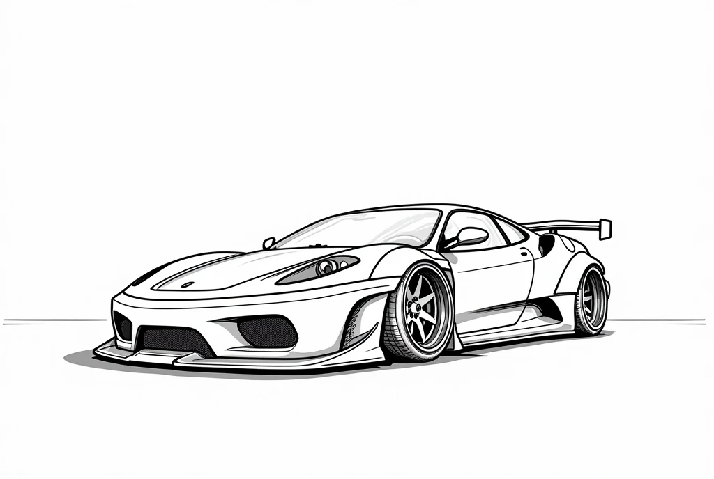 Ferrari F430 wide body kit, B&W, coloring book AF, line art, slammed, no background