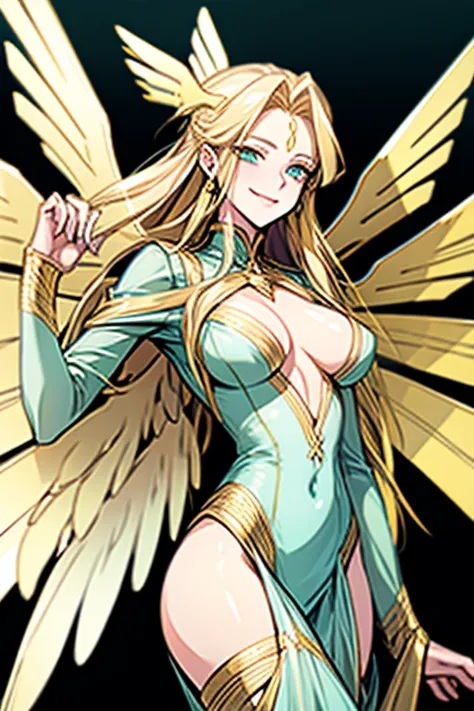 yellow hair, mint eyes, sexy, (gold angel wings), large breasts, sexy, beautiful body, masterpiece, ((sky blue lingerie)), smile...