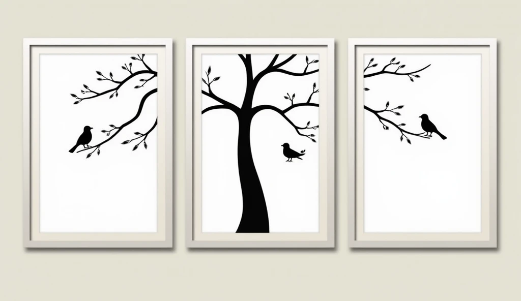 An abstract, nature-themed wall art consisting of three framed panels. The central panel showcases a tall tree with slender branches, while the left and right panels feature birds sitting peacefully on the branches. The artwork is rendered in a minimalist ...