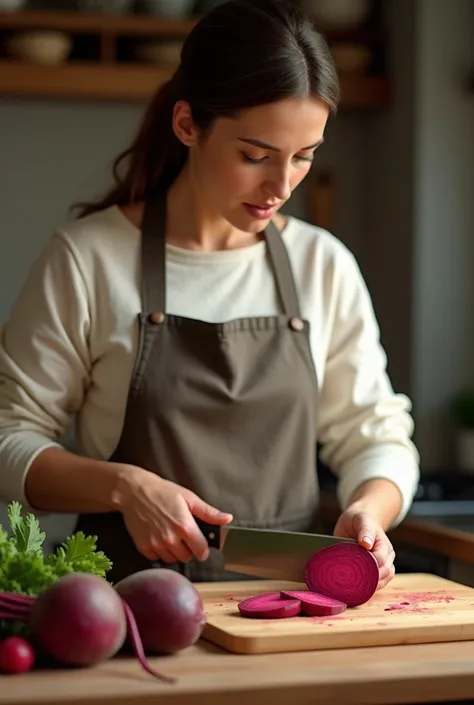 A mother, likely wearing an apron, stands at a kitchen counter. She holds a large, sharp knife in one hand and a vibrant red beet in the other. The beet is partially peeled, revealing its bright, earthy interior. A cutting board is placed beneath the beet,...