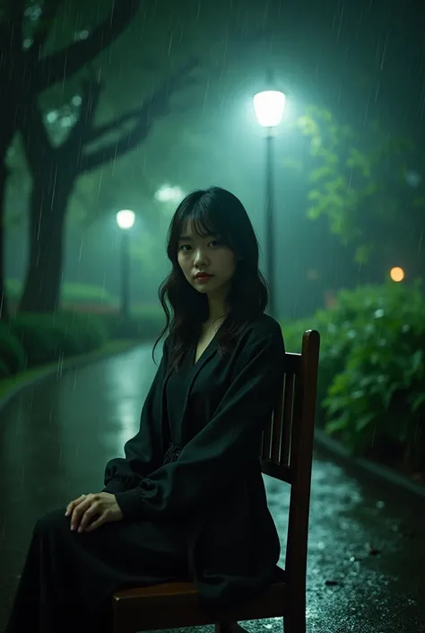 cinematic an asian woman sitting on a chair in a park, look at the camera direction under the garden lights, heavy rain at night 