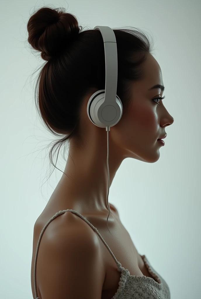 A woman from behind, hair tied up and headphones