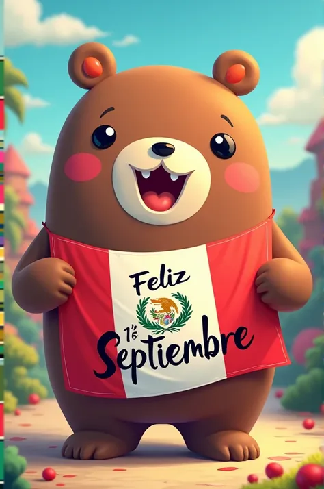 Create an image of a Japanese Domo Kun character, holding a Guatemalan flag in his hand and putting a title on it in large letters that says "feliz 15 de septiembre in Spanish", (and a subtitle that says 203 years of independence, in Spanish) 