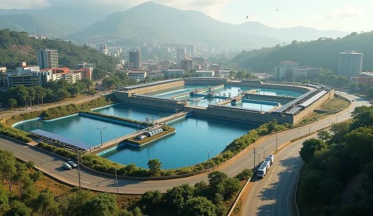 realistic image of a city with difficulties with water supply in Brazil, with a reservoir system to capture rainwater, interconnected to large machines for treatment, water filtration and purification, using solar energy for its operation, with trucks arou...