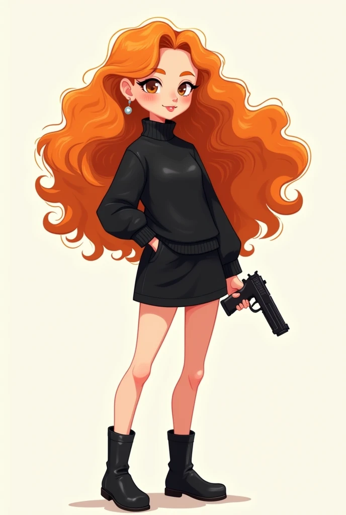 Cute illustration of a woman with long curly orange hair wearing a black sweater, [black skirt, black boots and a gun in his hand 