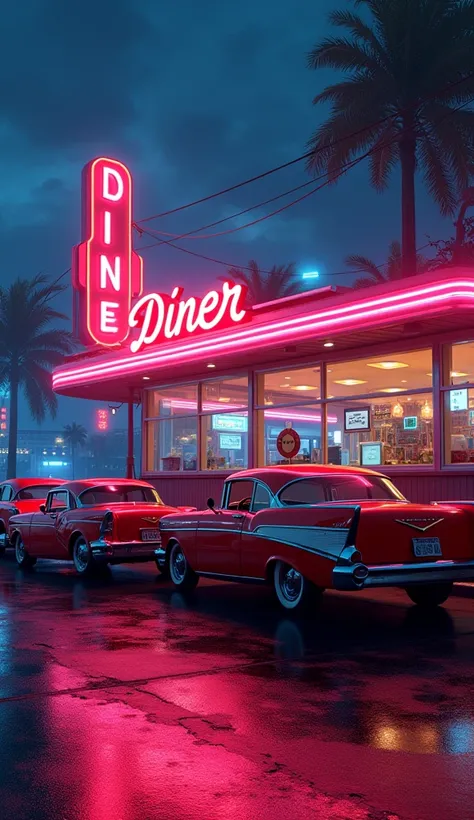 neon diner with cars parked in front of it at night, diner, diner background, 5 0s diner, highly detailed hyper real retro, neon reflections, beeple. hyperrealism, diner scene, artem demura beeple, neon lit, neon aesthetic, stylized neon, in classic diner,...