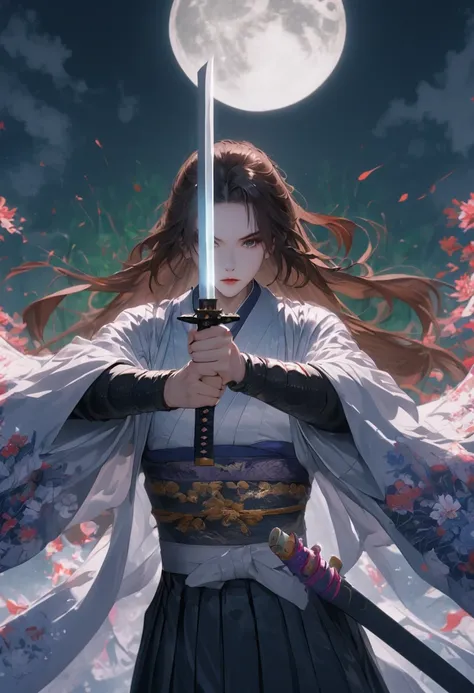 swordsman,1boy,brown hair,full moon,holding weapon,japanese clothes, (( kimono)), ((black hakama)),katana,long hair,moon,sky,solo,sun,sword,weapon,holding sword with both hands,sword focus