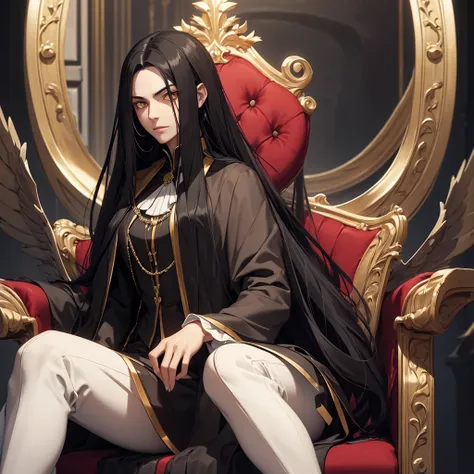 A Noble Vampire with long black hair With yellow eyes and very strong sitting on a throne and with or without a suit Man 