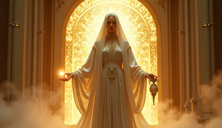 "Create an ULTRA REALISTIC image of a hermit woman in exquisite light satin robe with gold threads facing the screen with her face showing, holding a glowing lamp in one hand and a staff made of crystals in the other, in front of a large golden portal ador...