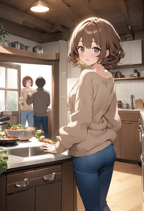 Married Woman((Brown Hair、Short Hair、Fluffy Hair、Brown eyes、Droopy eyes):1.2、Light brown cardigan、Dark brown sweater、Blue jeans pants、A simple and discreet necklace、Wedding Rings、)、is standing with his back to the camera、(place:Inside the house、kitchen)