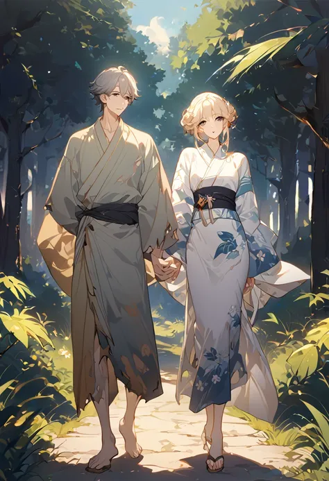 masterpiece, best quality, 8k ,4k, 2 boys, elf boys, long ears elf, twin elf, (one boy dark grayish hair with dark greenish eyes, torn and worn out clothes, yukata like clothes, thin body), (one boy light blond hair with dark bluish eyes, clean and neat cl...