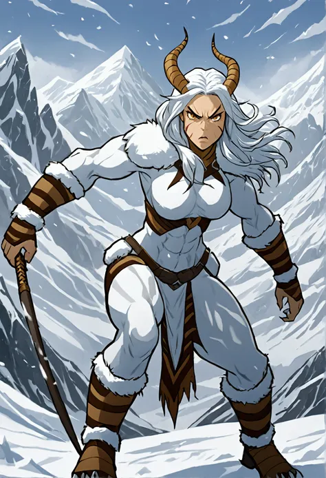 Wild warrior woman of the snows, wild woman whitish skin, bee, icy mountains with snow, muscular woman, war-torn, angry look, Angry, snow savage, Monster Girl.