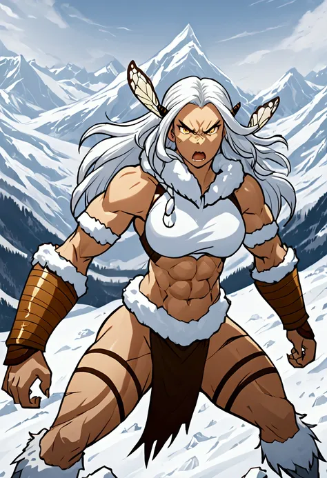 Wild warrior woman of the snows, wild woman whitish skin, bee, icy mountains with snow, muscular woman, war-torn, angry look, Angry, snow savage, Monster Girl.