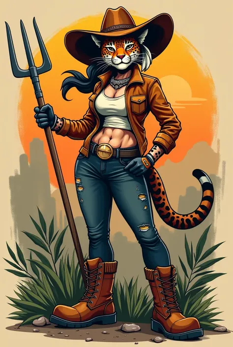 Female Jaguar Corporate Mascot, with cowgirl hat , dark jeans safety boots, Green shirt , hoe in hand a feather earring . Chivi Design