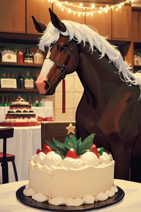 Thoroughbreds having a Christmas party at a restaurant　Thoroughbred eating Christmas cake　Horses having a Christmas drinking party at a restaurant　Horse eating Christmas cake　　Snowy night Christmas　Horse face　Thoroughbred face　There is no one here　Horse-fo...