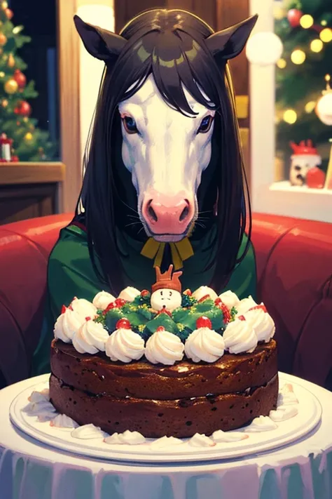 Thoroughbreds having a Christmas party at a restaurant　Thoroughbred eating Christmas cake　Horses having a Christmas drinking party at a restaurant　Horse eating Christmas cake　　Snowy night Christmas　Horse face　Thoroughbred face　There is no one here　Horse-fo...