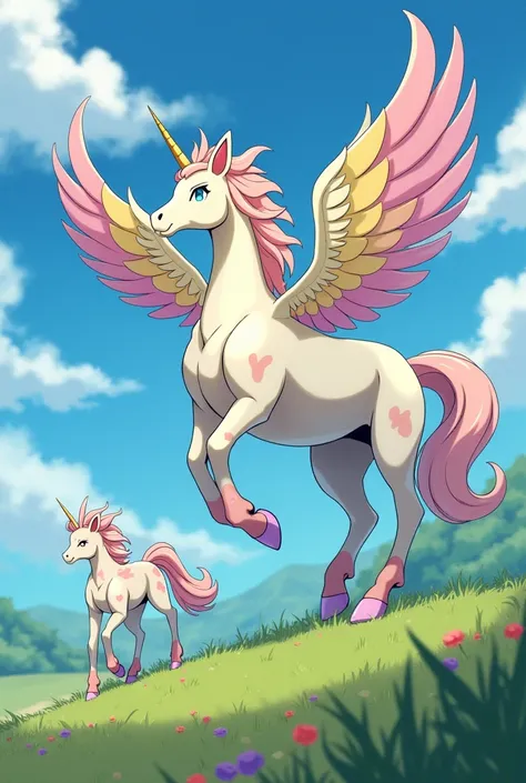 Create a normal type Pokémon based on a horse. The first evolution would be a foal, the intermediate a horse and the last a pegasus or alicorn and its fur would change depending on the environment where it lives.