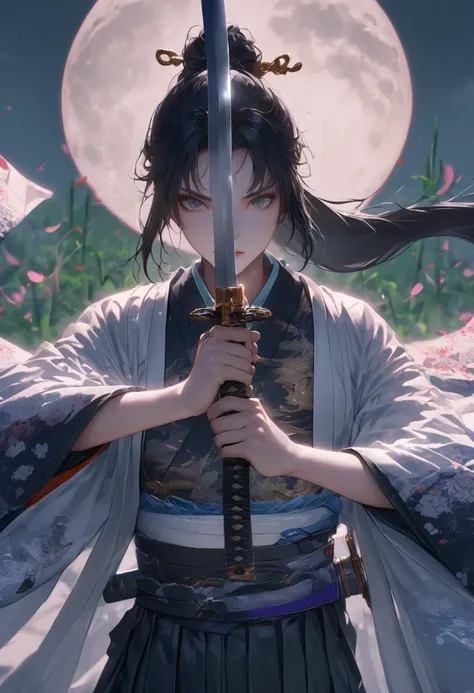 swordsman,1man,black hair,full moon,holding weapon,japanese clothes, (( kimono)), ((black hakama)),katana,long hair,moon,sky,solo,sun,sword,weapon,holding sword with both hands,sword focus, emotionless, high ponytail