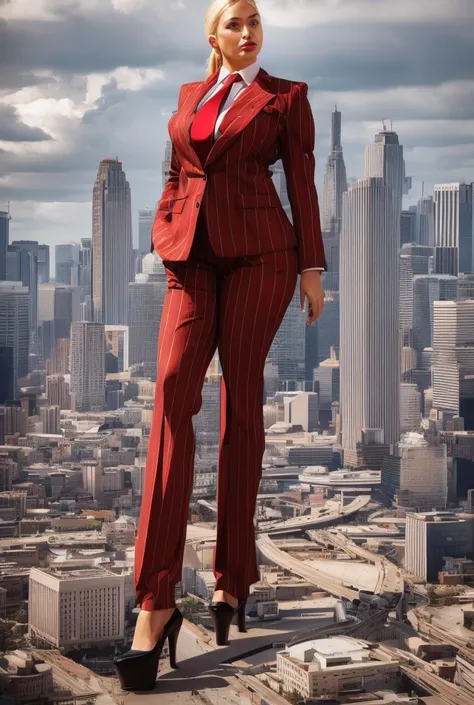 a group of beautiful women with thoughtful eyes, a striking nose, and full luscious lips, wearing a grey pinstriped trouser suit, white shirt, and large red paisley necktie, with a blonde ponytail, red lips, and massive curvy figure in a crimson pinstriped...