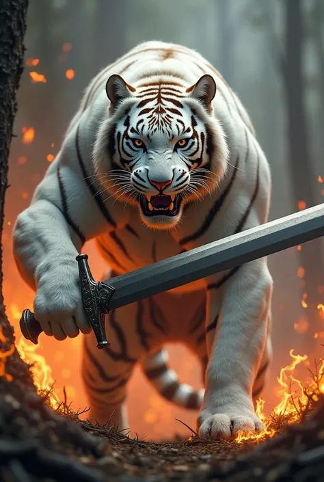 A white tiger with aggressive face standing in forest where fire spread alround and tiger having one big sward in her hand