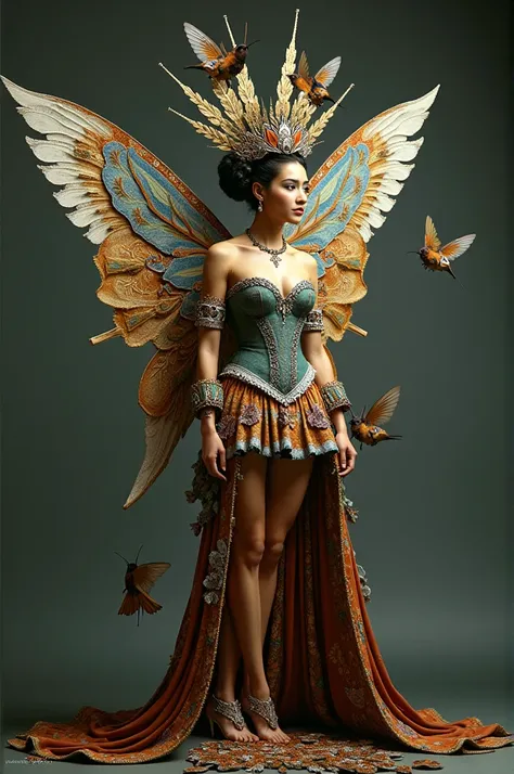 Queen of the Colombian myth Epifania. The queen&#39;s dress, con corset, short skirt and wings hanging from the back, butterfly crown with hummingbirds, that in the body have hummingbirds and butterflies. All in recyclable material 