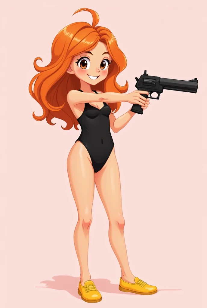 Cute illustration of a girl with wavy orange hair wearing a black swimsuit, yellow shoes and a gun in her hand on a light pink background 