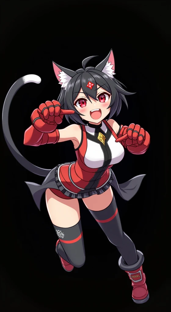 The character in the image has a charismatic and energetic appearance, with evident feline features, evoking an aesthetic of "nothing" (humanoid cat). She has black cat ears with white tips and a gray feline tail that curls behind her., contributing to its...