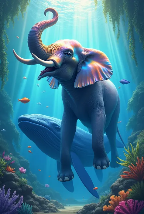 
Rainbow elephant and big blue whale in water.