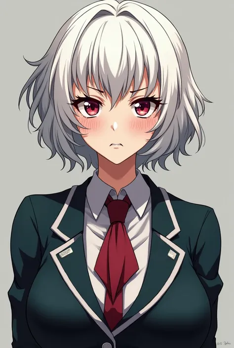 my hero academia character. Girl with short wavy white hair with bangs and fair skin with freckles, Dark red eyes and very very large breasts with an angry and serious expression and a UA uniform 