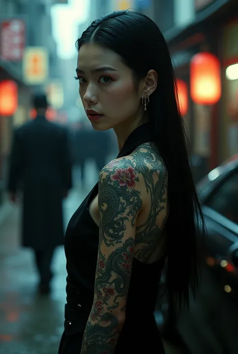 Clear, Here is a prompt you can use in Bing Image Creator:

**Prompt in Spanish:**

"A powerful and enigmatic Japanese yakuza woman, standing in a dimly lit urban setting. She has skin as pale as porcelain, which contrasts with an intricate irezumi tattoo ...